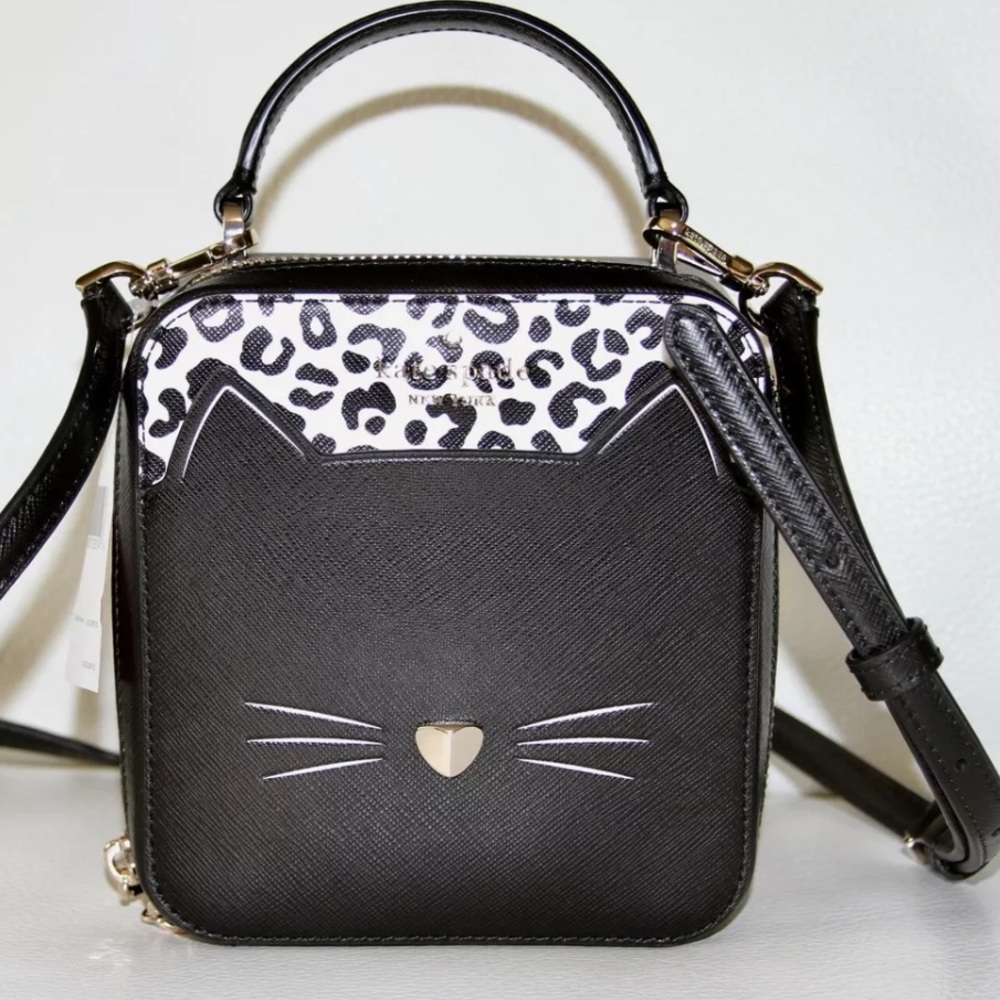 Kate spade nwt small cat vanity black leopard meow crossbody purse bag